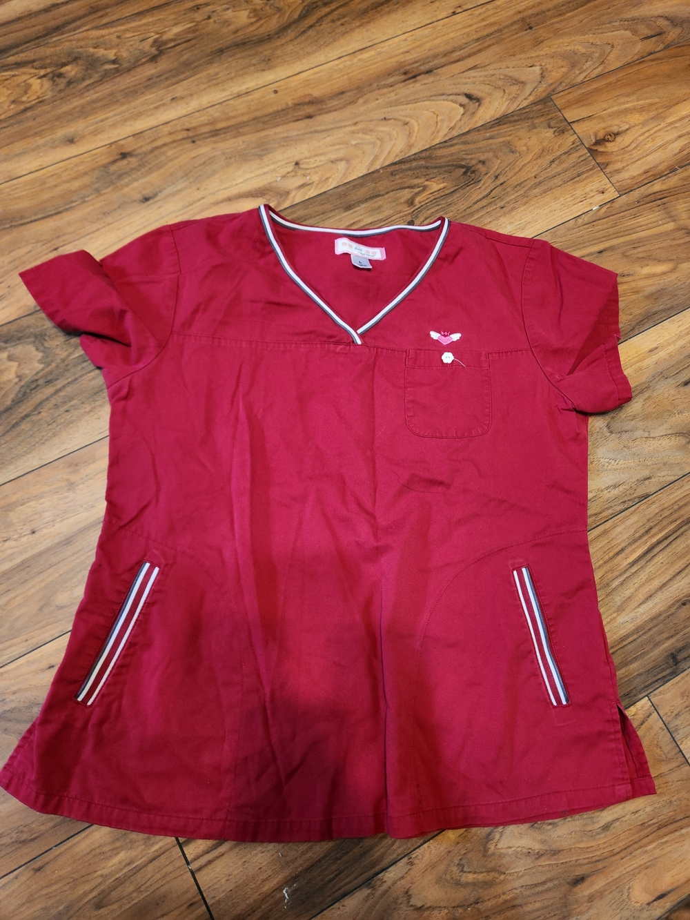 koi Maroon V-Neck Medical Scrub Top with Striped Trim